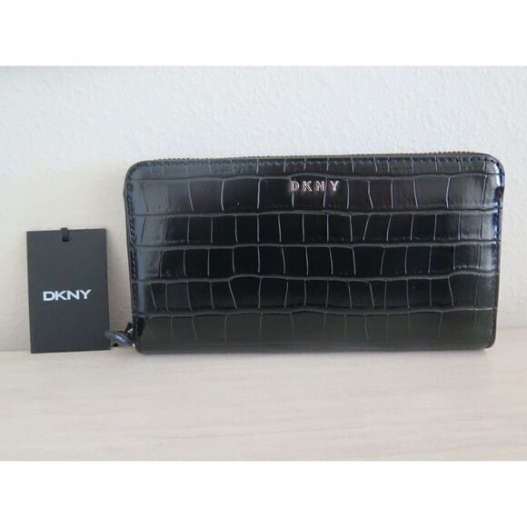 DKNY Black Croc Embossed PU Leather Vela Large Zip Around Wallet $128 - Picture 3 of 12